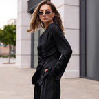 Spring Women Retro Brown Long Sleeve Waist Controlled Lace up Top Trousers Two Piece Set