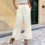 Holiday Pants Lace Stitching Elastic Waist Solid Color Wide Leg