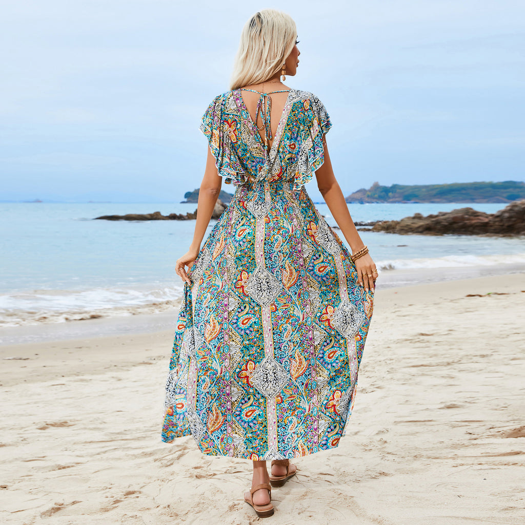 Women's V-Neck Backless Rayon Ruffle Sleeve Split Bohemian Holiday Dress