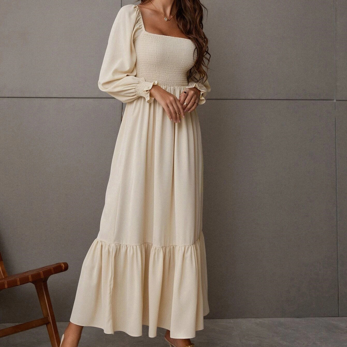 Long-Sleeve Ruffled High-Waist Pullover Tight Dress