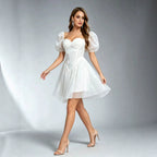 Women's Elegant Lantern Sleeve Slim Chiffon Long Sleeve Short Dress