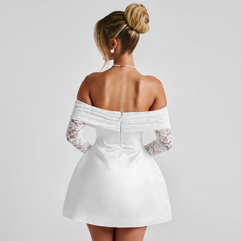Off-Neck Lace Stitching Long Sleeve Waist A-Line Dress