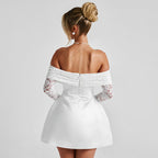 Off-Neck Lace Stitching Long Sleeve Waist A-Line Dress