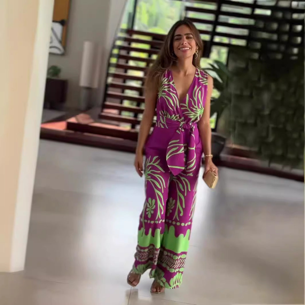 Spring Printed V-Neck Sleeveless Slim Belt Wide Leg Jumpsuit