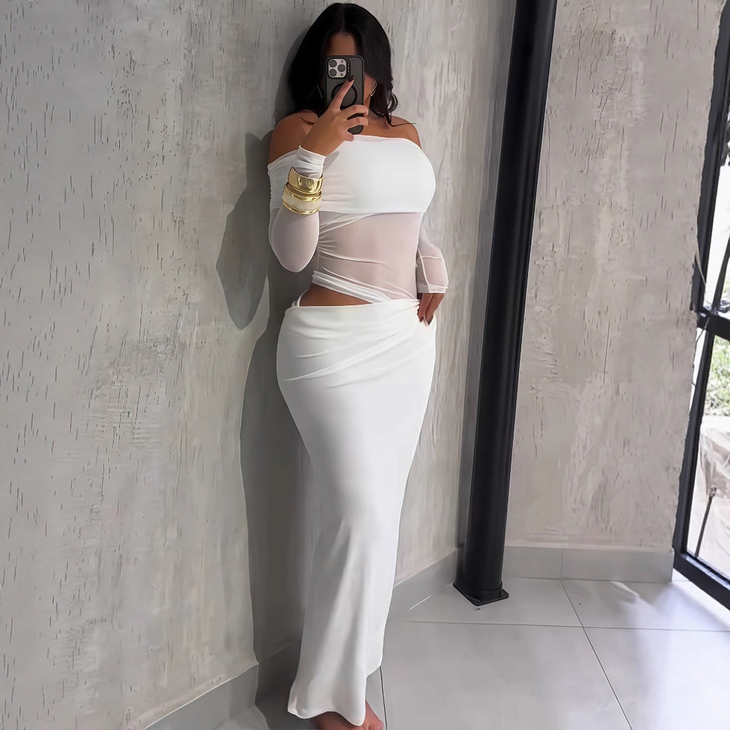 Women's Off-Shoulder Mesh Cutout Backless Maxi Dress