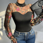 Embroidered Mesh Puff Sleeve Sheer Cutout Long Sleeve Women Clothing Sexy Slim Jumpsuit