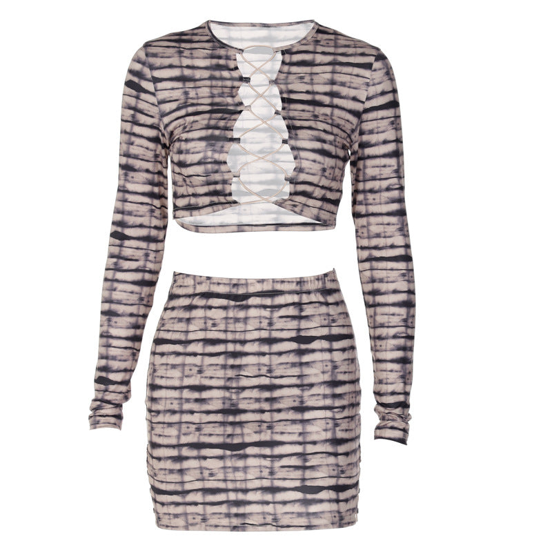 Autumn Printed Cropped Outfit Lace-Up Top Tight Sheath Short Dress Two Pie