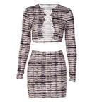 Autumn Printed Cropped Outfit Lace-Up Top Tight Sheath Short Dress Two Pie