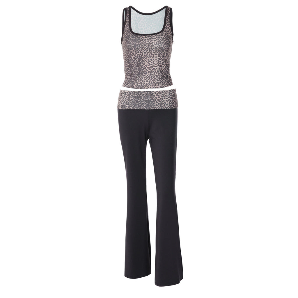 Women Two Piece Set Fashionable Slim Fit Leopard Print Vest Micro Pull Contrast Color Trousers Set for Women