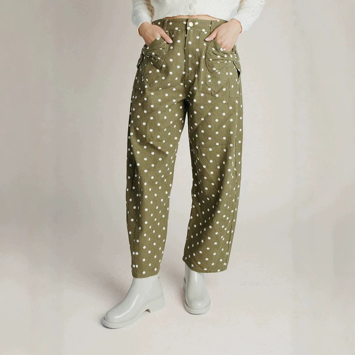 Women's Polka Dot Bow Detail Straight-Leg Trousers