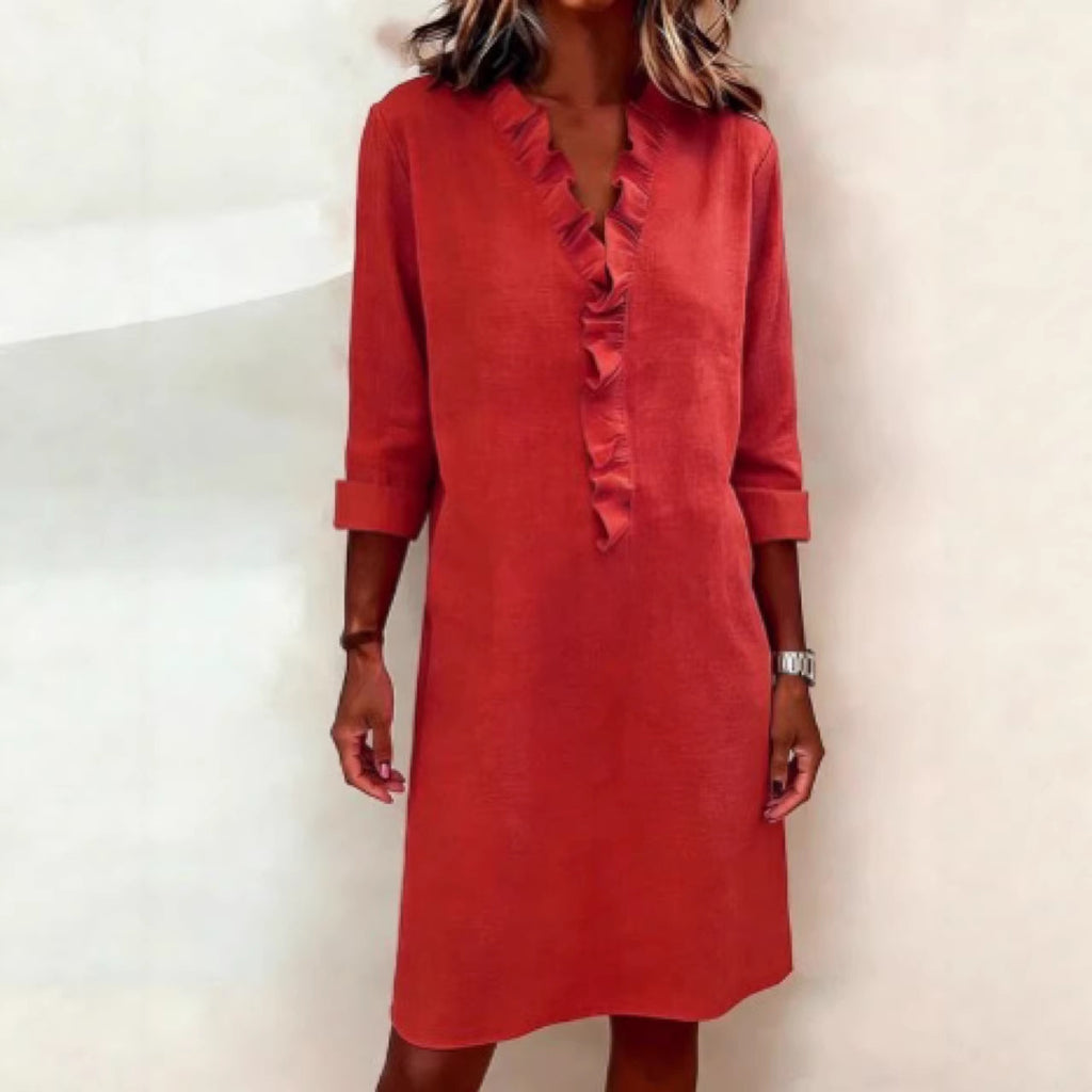 Women's cotton long-sleeve dress, red, three-quarter sleeves, ruffle button placket
