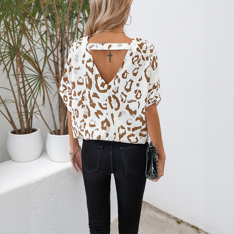 Women’s Brown Leopard Print V Neck Batwing Blouse
