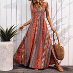 Women's Smocked Printed V-Neck Maxi Dress