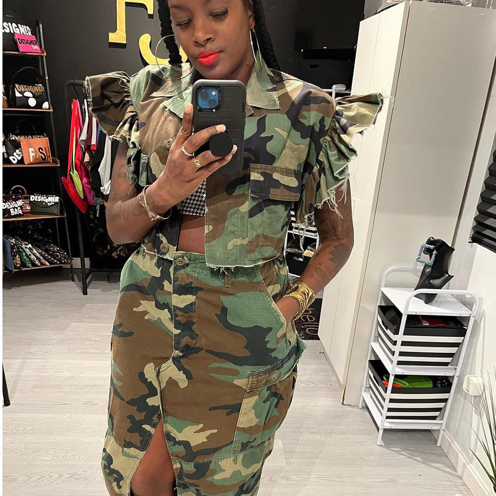 Camouflage Ruffle Sleeve Short Jacket