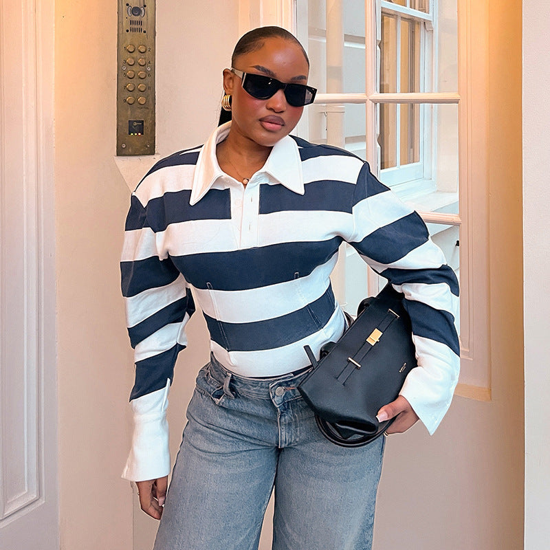Women's Striped Polo-Collar Long-Sleeve Top