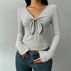 Women's Black White Striped Long Sleeve T Shirt V Neck Chest Kinked Lace Up Slim Fit Slimming Bottoming Top