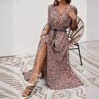 Rayon Three-Quarter-Sleeve Waist Bohemian Casual Vacation Beach Dress