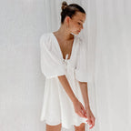 Summer French Tea Break Bubble Sleeve White Cotton Linen Dress Elegant V-Neck