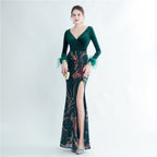 Women's Ostrich Feather Sequin Velvet Side Slit Long Sleeve Evening Dress