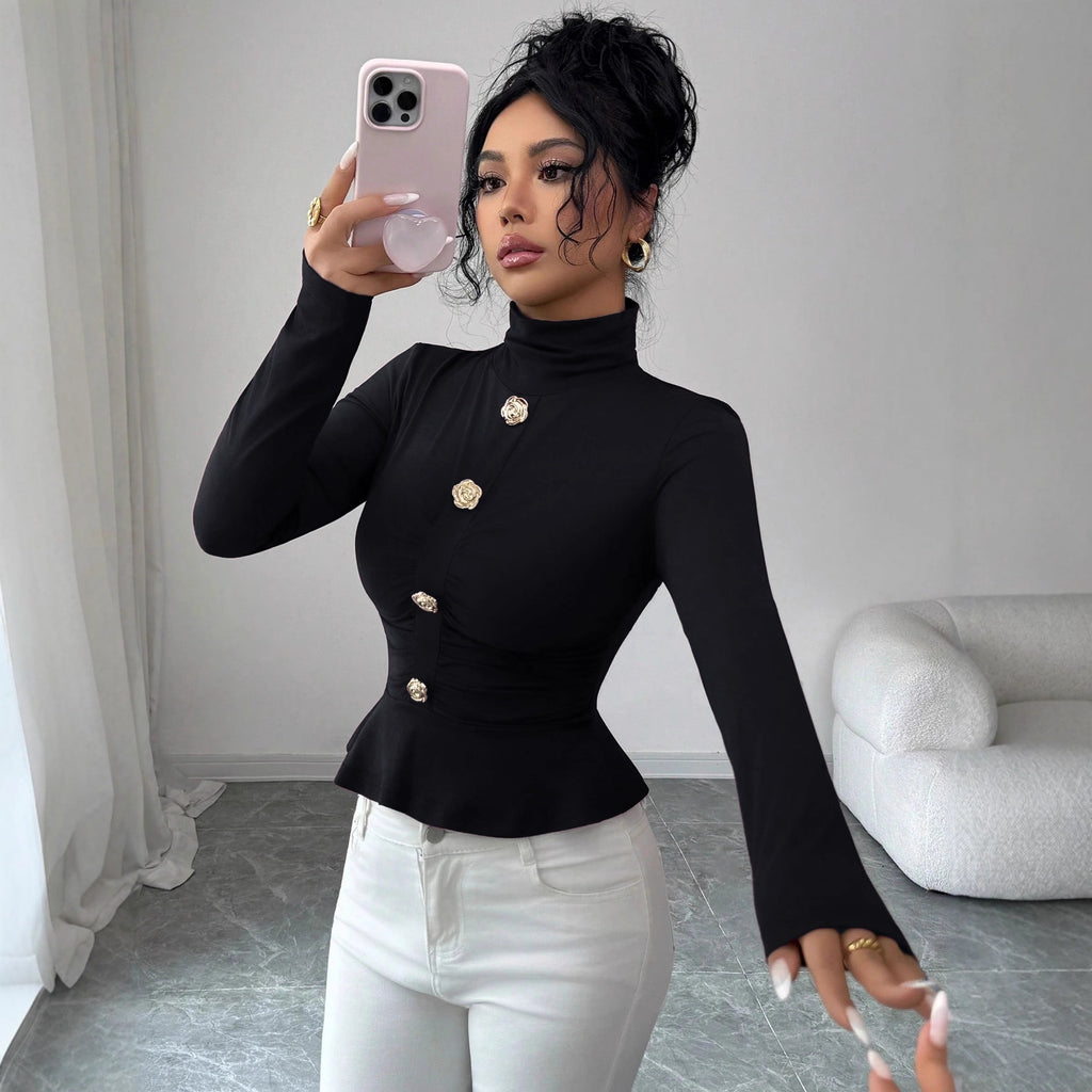 High Neck Rose Buckle Pleated Fitted Top