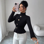 High Neck Rose Buckle Pleated Fitted Top