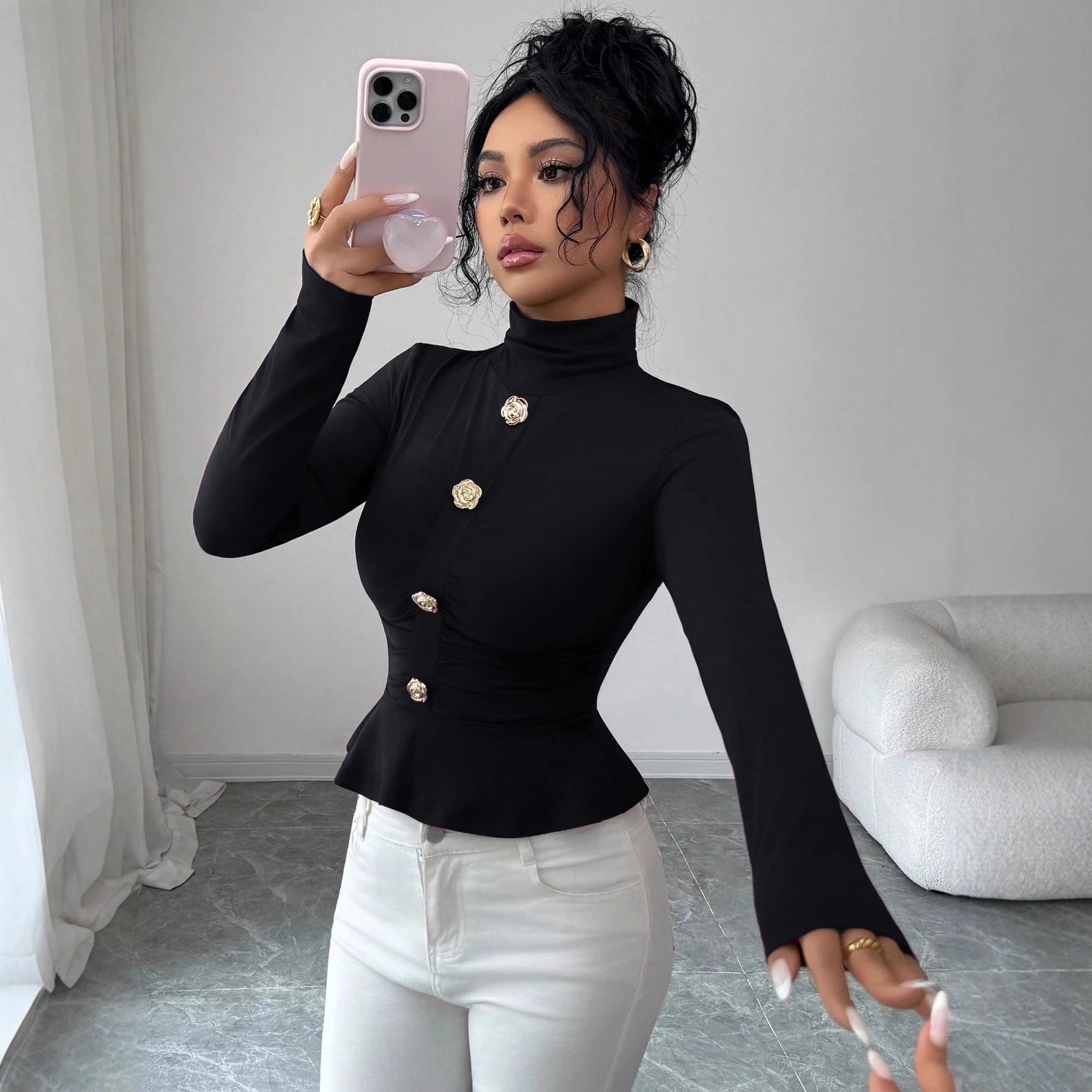 High Neck Rose Buckle Pleated Fitted Top