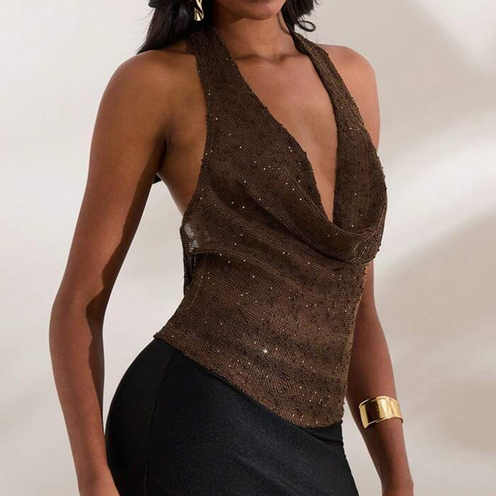 's Shiny Deep V Plunge Neck Solid Color Vest See Through Swing Top