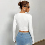 Women's Women Clothing Sexy V Neck T Shirt Autumn Winter Solid Color Cropped Long Sleeve Top