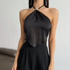 Women’s Black Backless Lace Up Halter Crop Top
