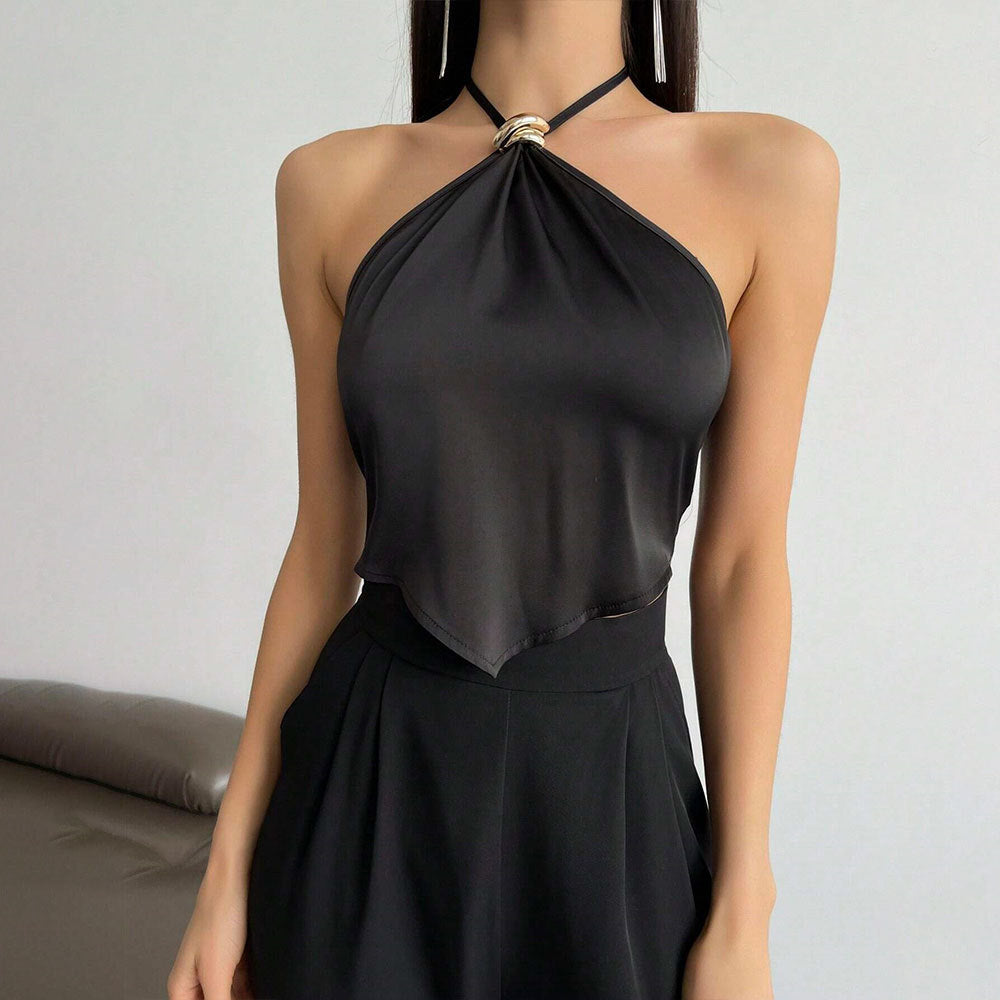 Women’s Black Backless Lace Up Halter Crop Top
