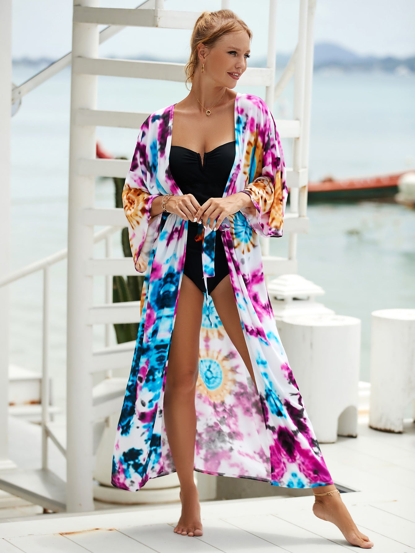 Printed beach jacket cardigan with purple and pink tie-dye floral print, open front tied waist