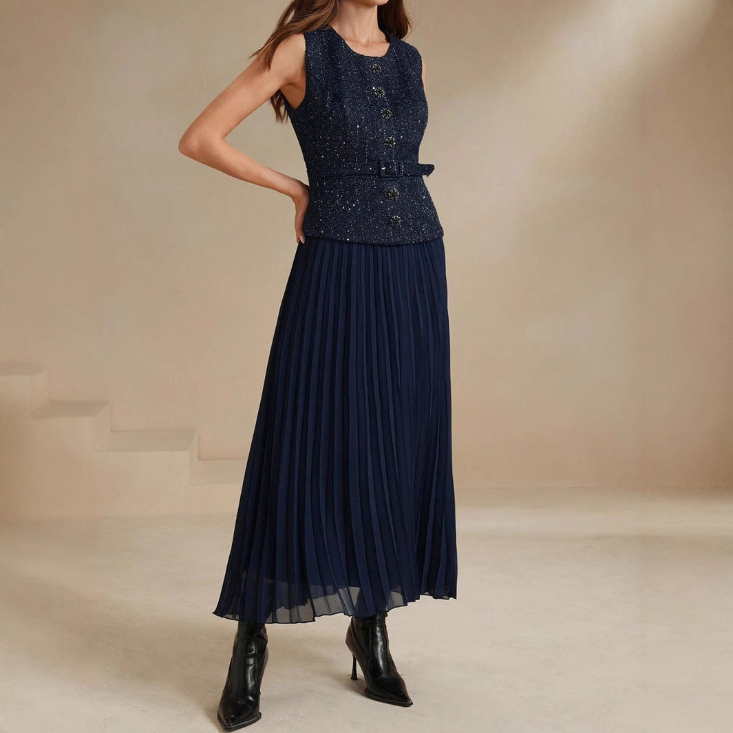 Women's Spring Summer Woolen Stitching Vest Pleated Dress