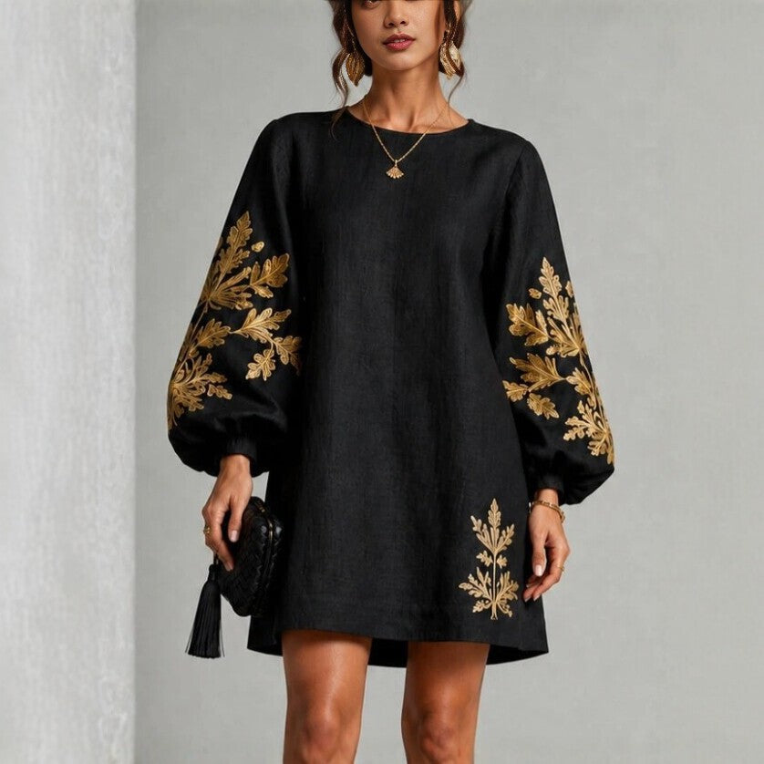 Women's Exquisite Linen Printed Loose Lantern Sleeve Crew Dress
