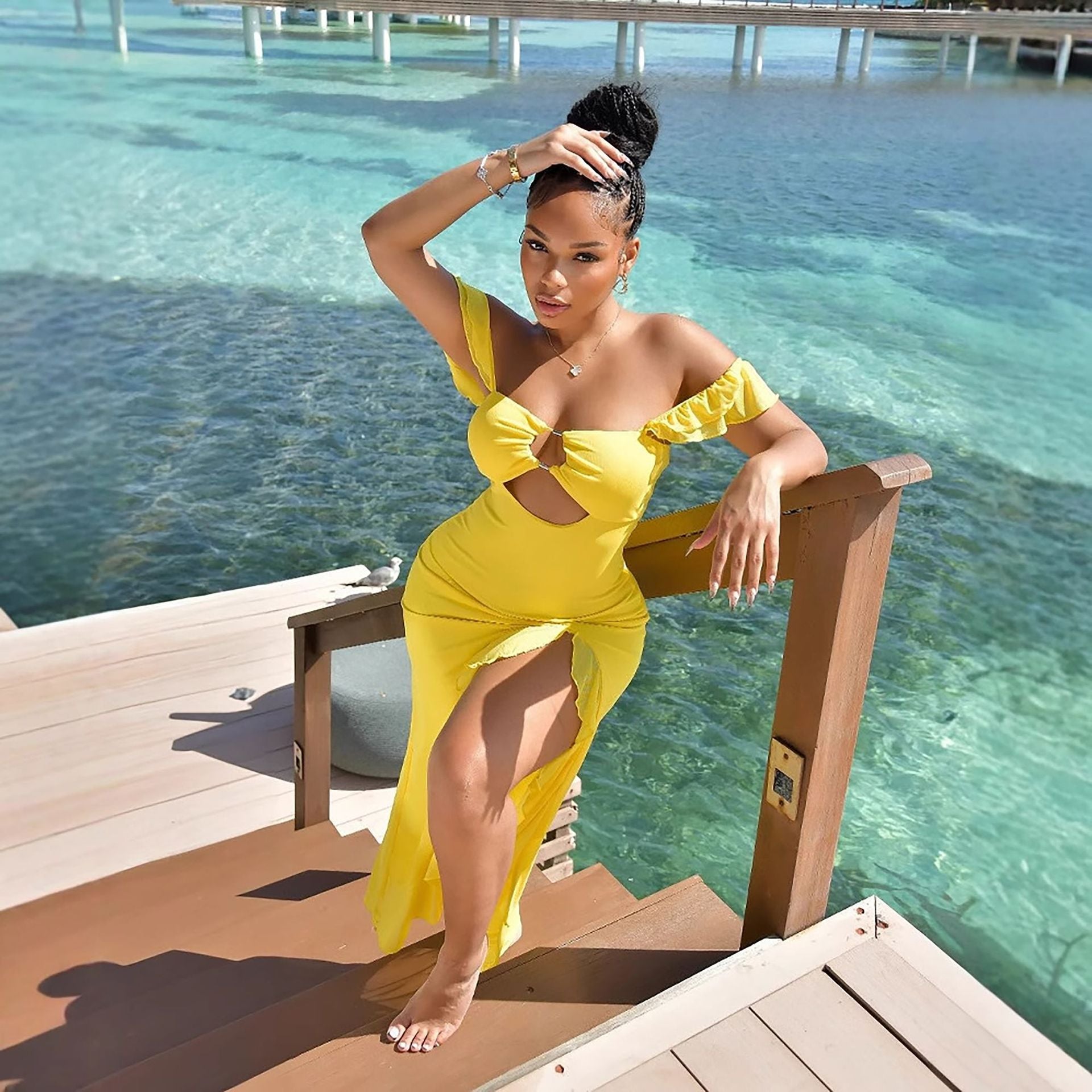 Women's Off-Shoulder Cutout Ruffle Dress