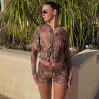 Women's Autumn Sexy Mesh Floral Print Cardigan Bobbi Long Sleeve Top Slim Shorts Suit