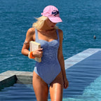 Women's Blue Plaid Square-Neck Swimsuit Set