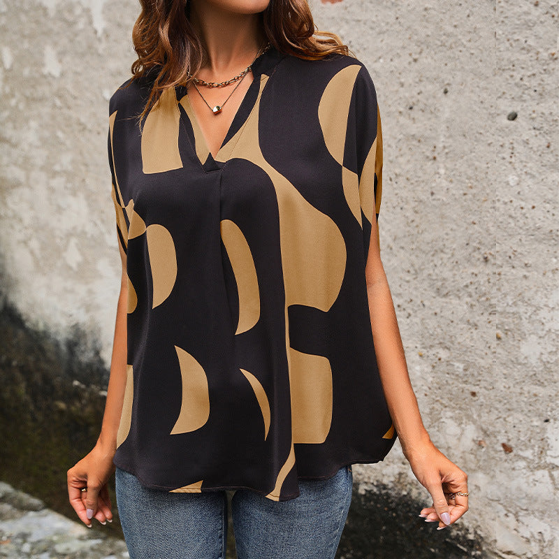 Women's Summer Women Clothing Short Sleeve Pullover V Neck Printed Shirt