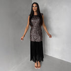 Black sequin maxi dress with round neckline and pleated long skirt overlay