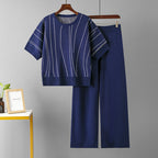 Casual Loose Outfit Batwing Sleeve Summer Slimming Stripes Wide Leg Pants Two-Piece Set