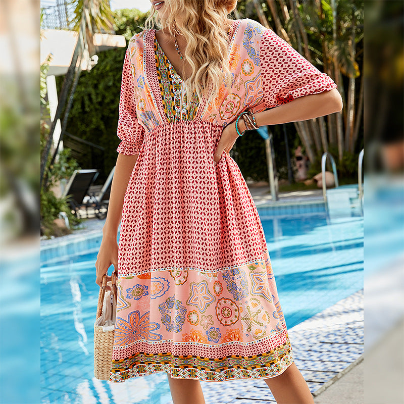 Women's Vacation Sexy Loose Four-Sided Elastic Positioning Printed V-Neck Short Sleeve Bohemian Dress