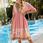 Women's Vacation Sexy Loose Four-Sided Elastic Positioning Printed V-Neck Short Sleeve Bohemian Dress