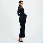 Women's Autumn Winter Wear Voile See Through Stitching Dress Sexy Tight Solid Color Dress