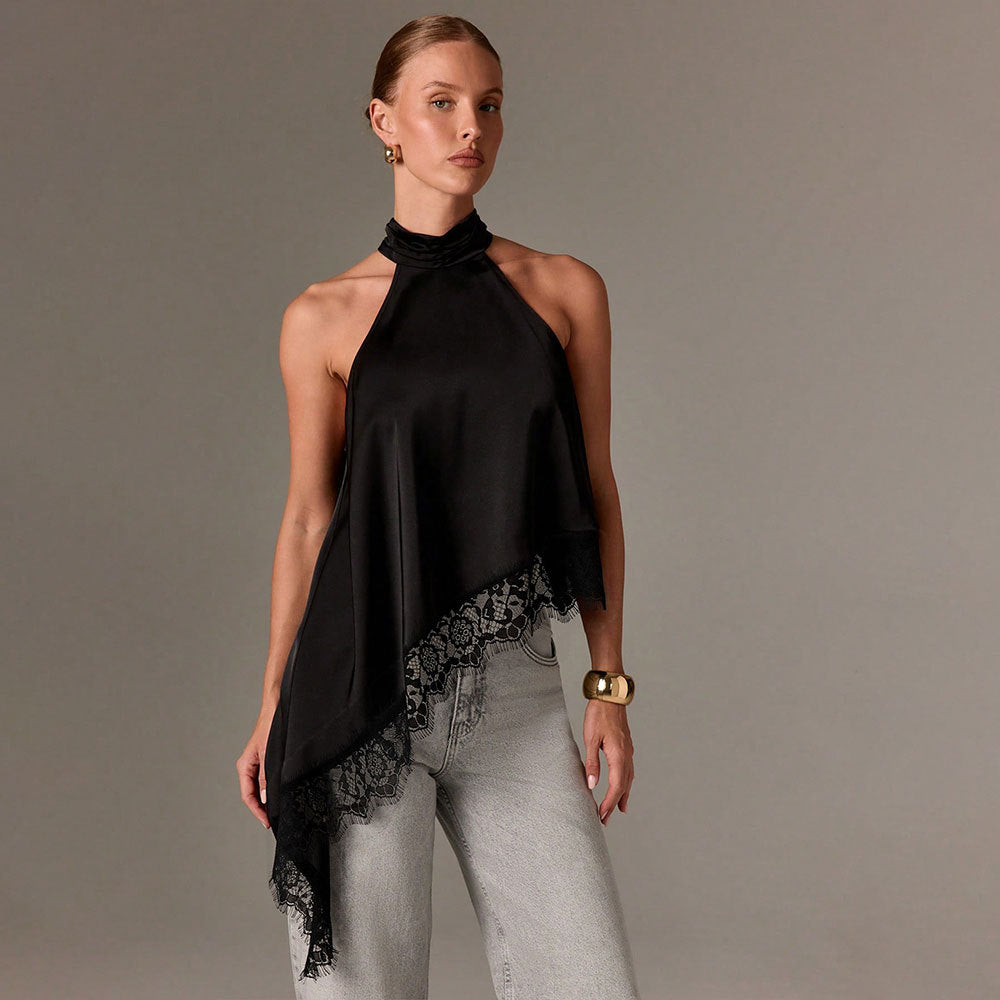 Women's Satin Stitching Lace Vest Halter Sleeveless Small Stand Collar off Shoulder Irregular Asymmetric Top