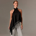 Women's Satin Stitching Lace Vest Halter Sleeveless Small Stand Collar off Shoulder Irregular Asymmetric Top