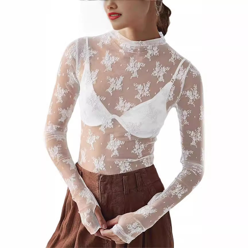 Women's Sheer Lace Mock Neck Long Sleeve Top