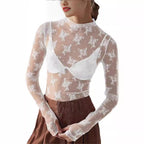 Women's Sheer Lace Mock Neck Long Sleeve Top