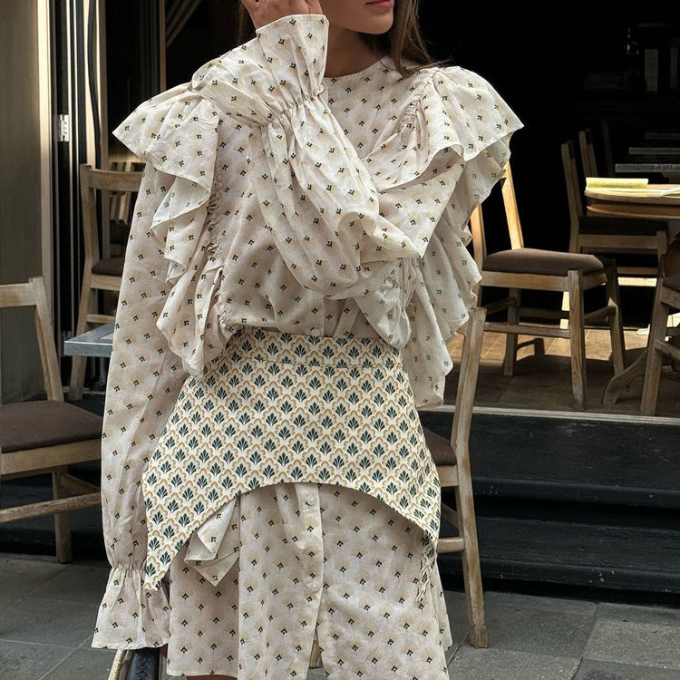 Round Neck Ruffled Bell Sleeve Shirt Dress