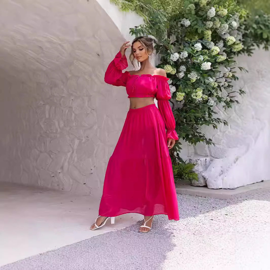 Off-Shoulder Long-Sleeve Skirt Set