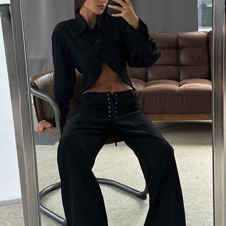 Collared Long Sleeves Cropped White Shirt Hollow