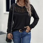 Casual Top Autumn Winter Loose Stitching Lace Hollow Out CO